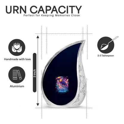 Slate Blue Hornbill Cremation Urn angled view of lid and engraved motif - flowing teardrop hornbill silhouette on curved aluminum - mini keepsake memorial for portion of cremation ashes