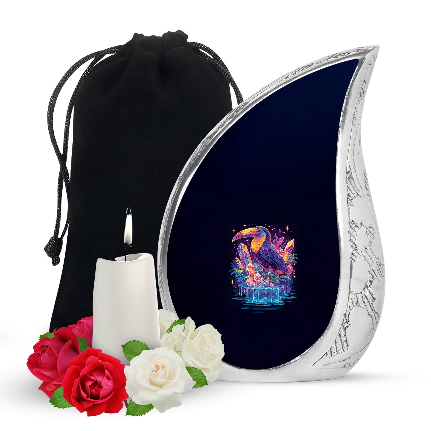 Sapphire Blue Hornbill Cremation Urn front view showing detailed design - graceful tear-shaped urn with hornbill motif - full-size 10 inch 200 cubic inch adult cremation urn