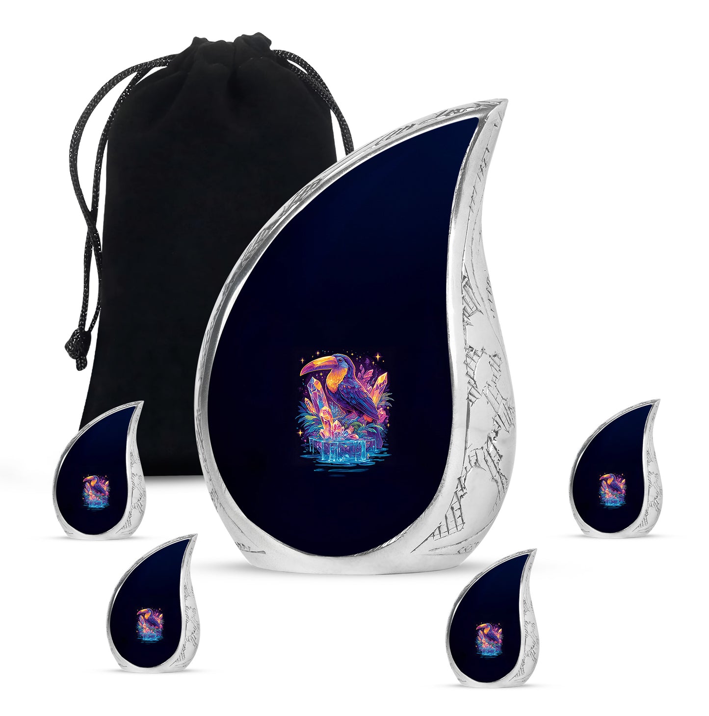 Calming Blue Hornbill Cremation Urn side profile showing urn shape - graceful tear-shaped urn with hornbill motif - memorial set with one large and four small urns