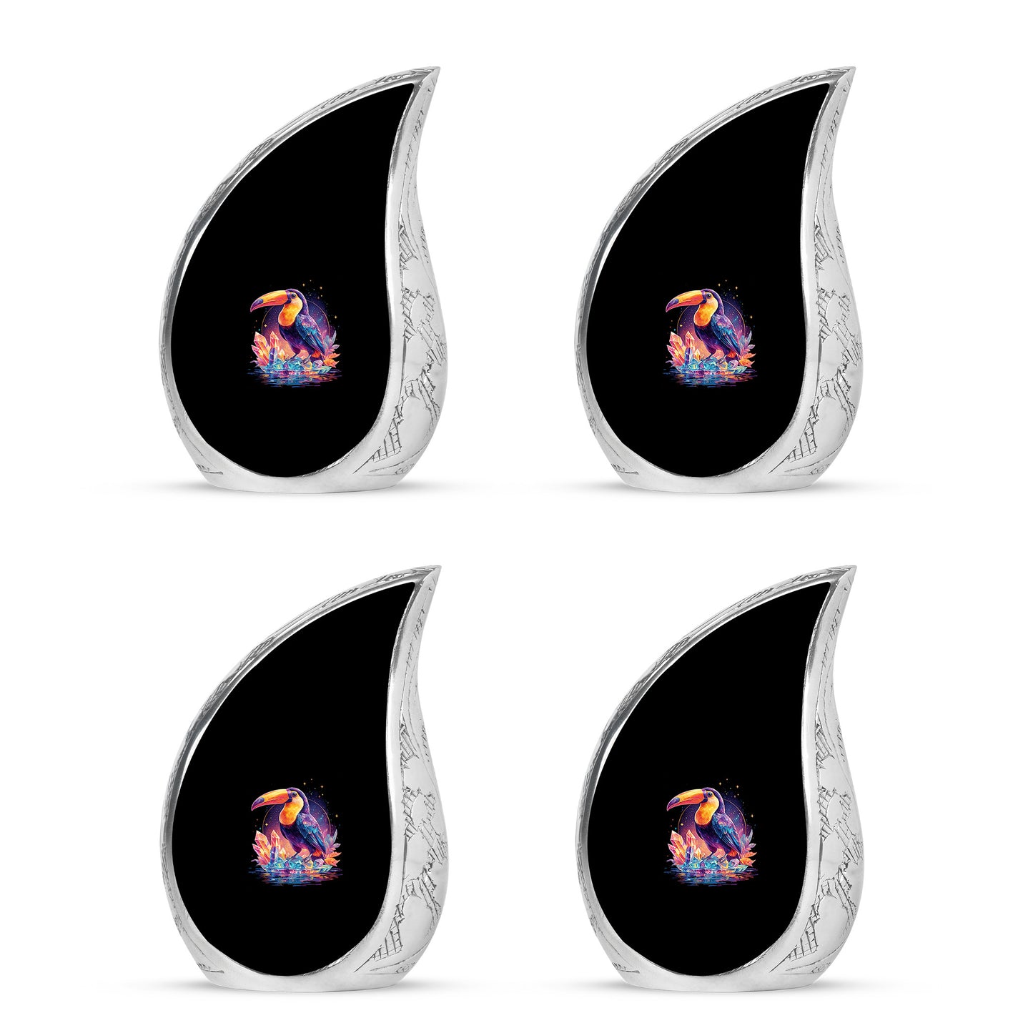 Ebony Hornbill Cremation Urn close-up of engraving and surface detail - rounded teardrop hornbill design with delicate detail - 10 inch aluminum urn for cremated remains