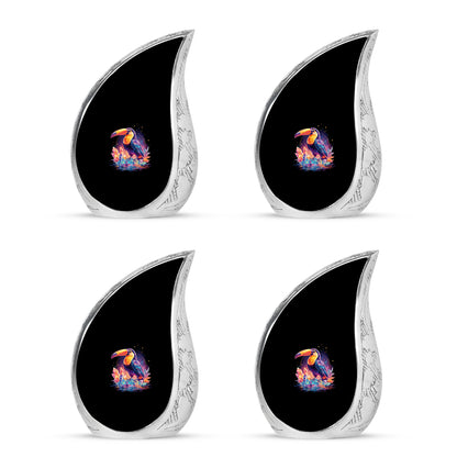 Ebony Hornbill Cremation Urn close-up of engraving and surface detail - rounded teardrop hornbill design with delicate detail - 10 inch aluminum urn for cremated remains