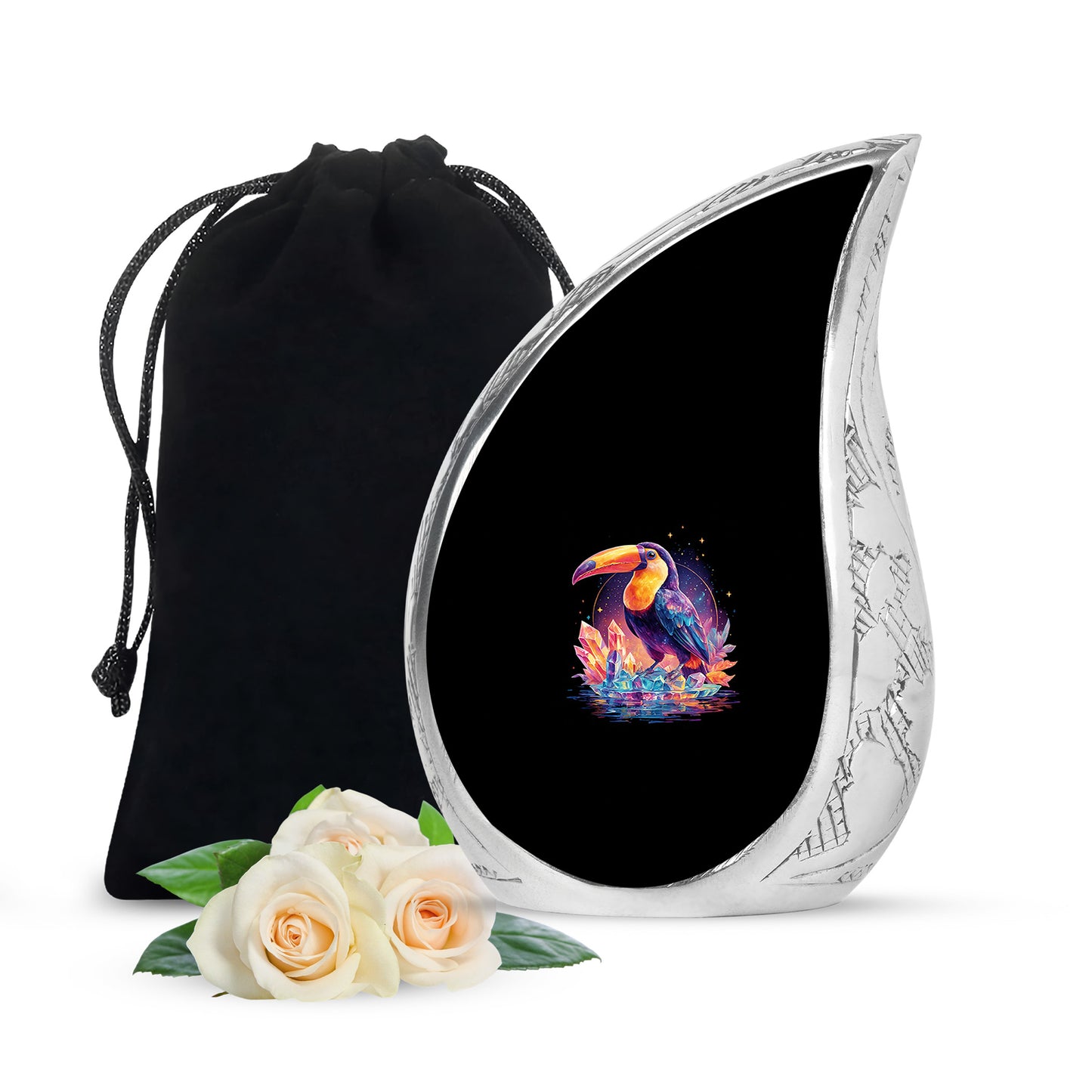 Onyx Black Hornbill Cremation Urn front view showing detailed design - smooth teardrop contour featuring hornbill art - full-size 10 inch 200 cubic inch adult cremation urn