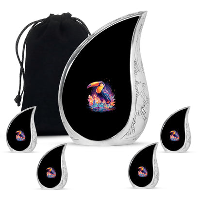 Charcoal Black Hornbill Cremation Urn side profile showing urn shape - graceful tear-shaped urn with hornbill motif - memorial set with one large and four small urns