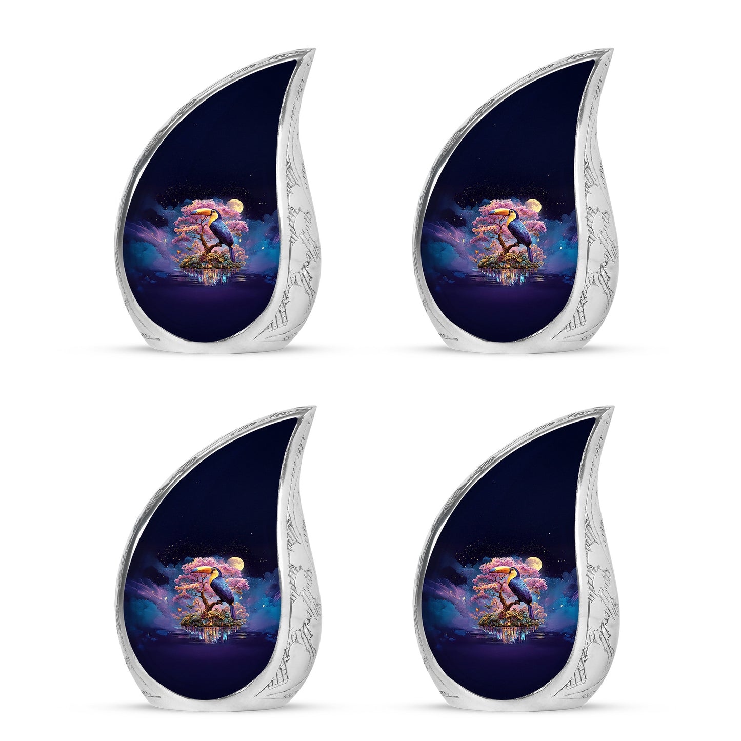 Sapphire Blue Hornbill Cremation Urn close-up of engraving and surface detail - smooth teardrop contour featuring hornbill art - 10 inch aluminum urn for cremated remains