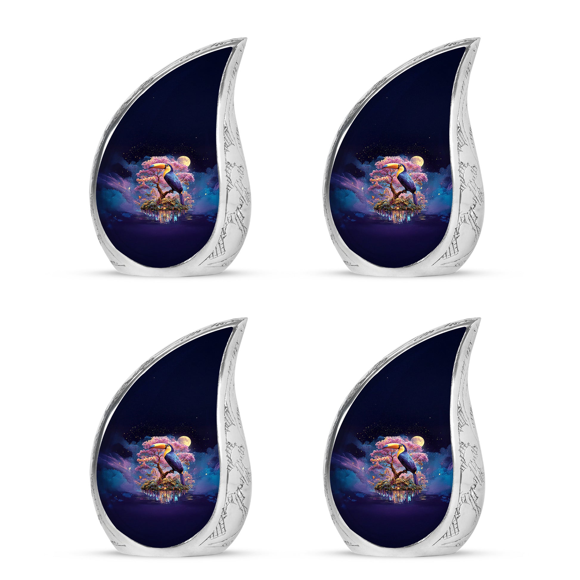 Sapphire Blue Hornbill Cremation Urn close-up of engraving and surface detail - smooth teardrop contour featuring hornbill art - 10 inch aluminum urn for cremated remains