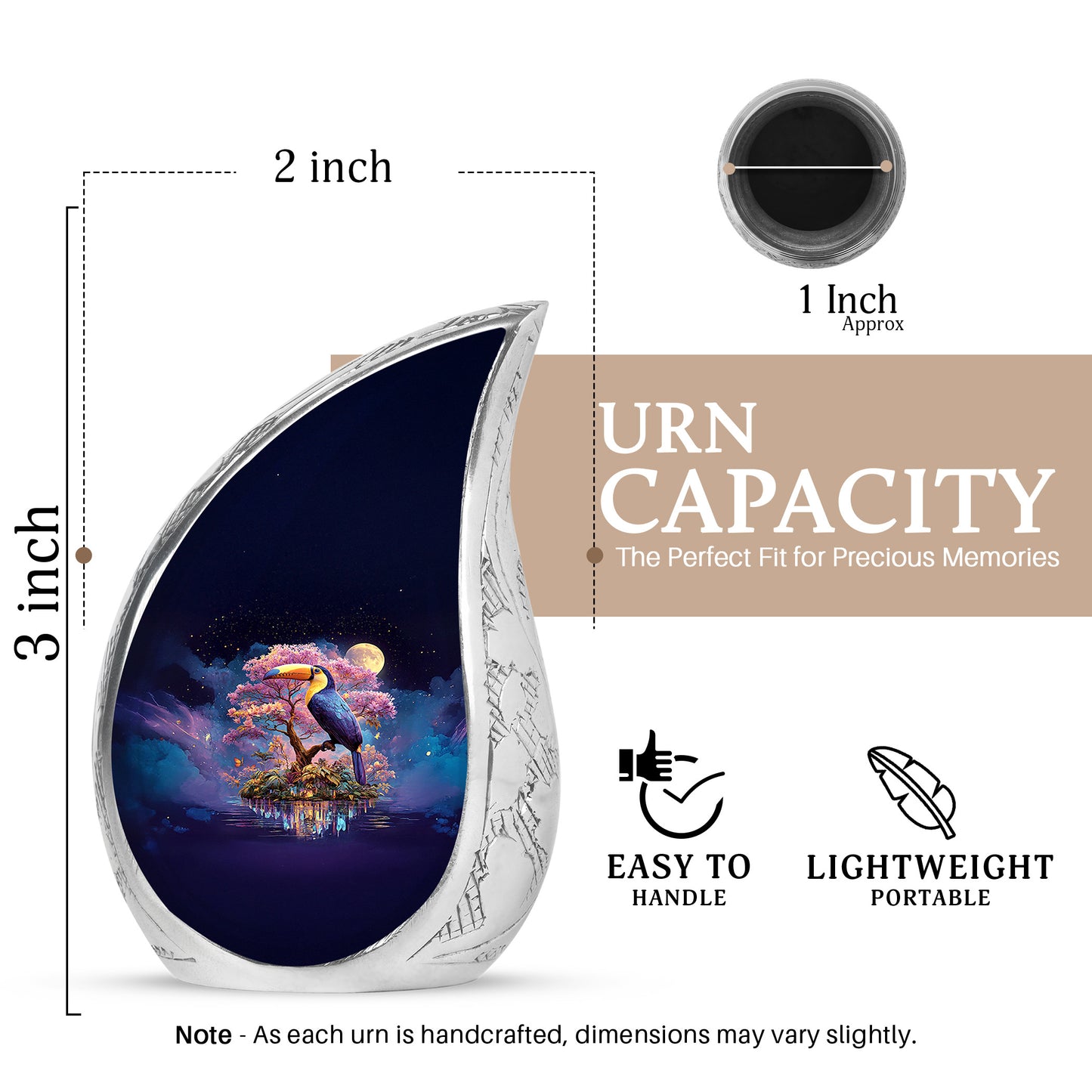 Vivid Blue Hornbill Cremation Urn angled view of lid and engraved motif - smooth teardrop contour featuring hornbill art - mini keepsake memorial for portion of cremation ashes