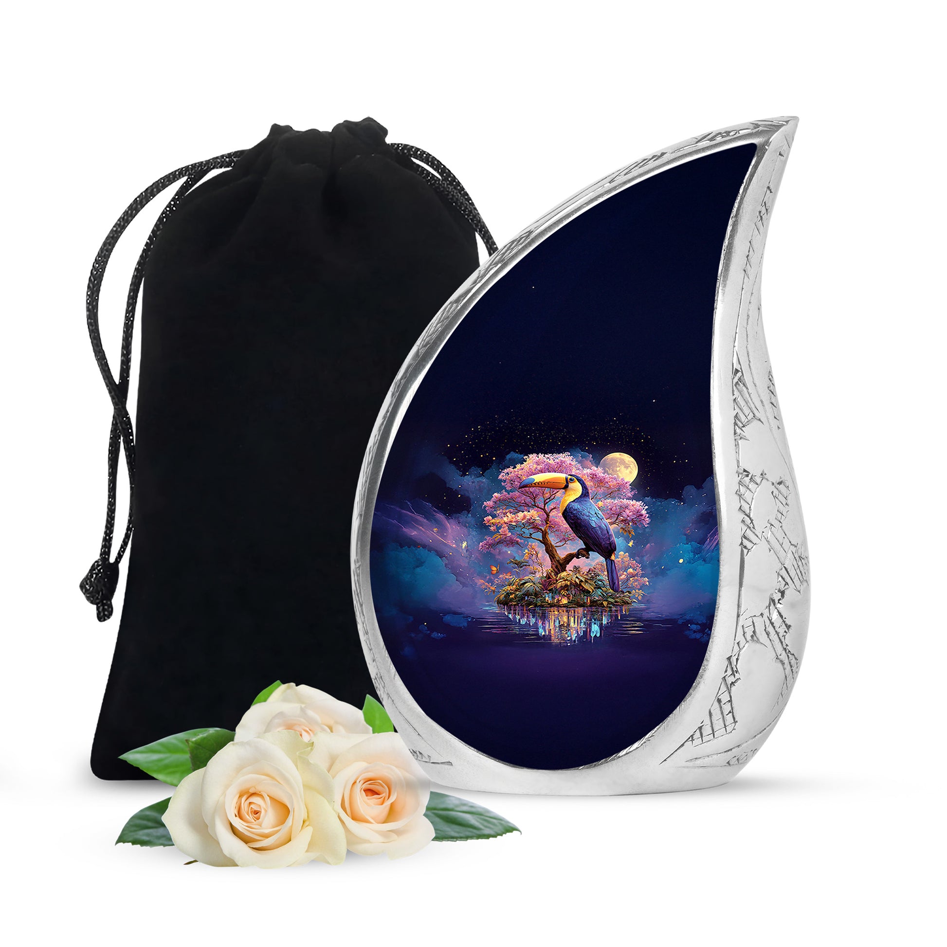 Bright Blue Hornbill Cremation Urn front view showing detailed design - smooth teardrop contour featuring hornbill art - full-size 10 inch 200 cubic inch adult cremation urn