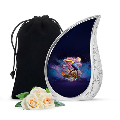 Bright Blue Hornbill Cremation Urn front view showing detailed design - smooth teardrop contour featuring hornbill art - full-size 10 inch 200 cubic inch adult cremation urn