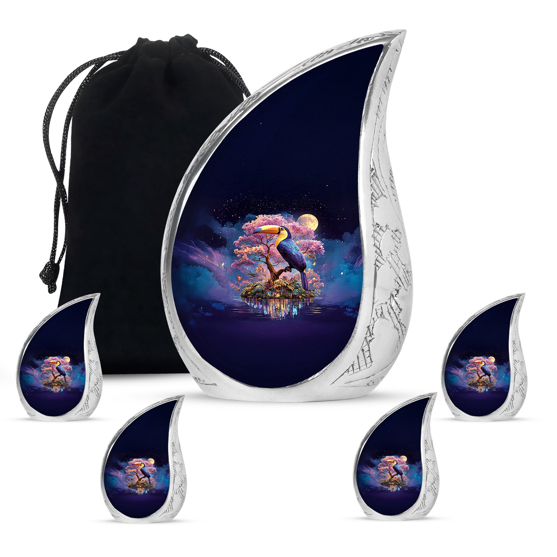 Serene Blue Hornbill Cremation Urn side profile showing urn shape - smooth teardrop contour featuring hornbill art - memorial set with one large and four small urns