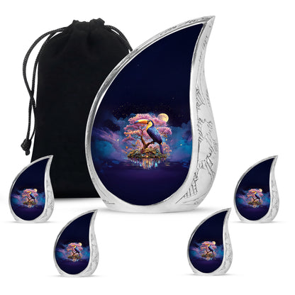 Serene Blue Hornbill Cremation Urn side profile showing urn shape - smooth teardrop contour featuring hornbill art - memorial set with one large and four small urns