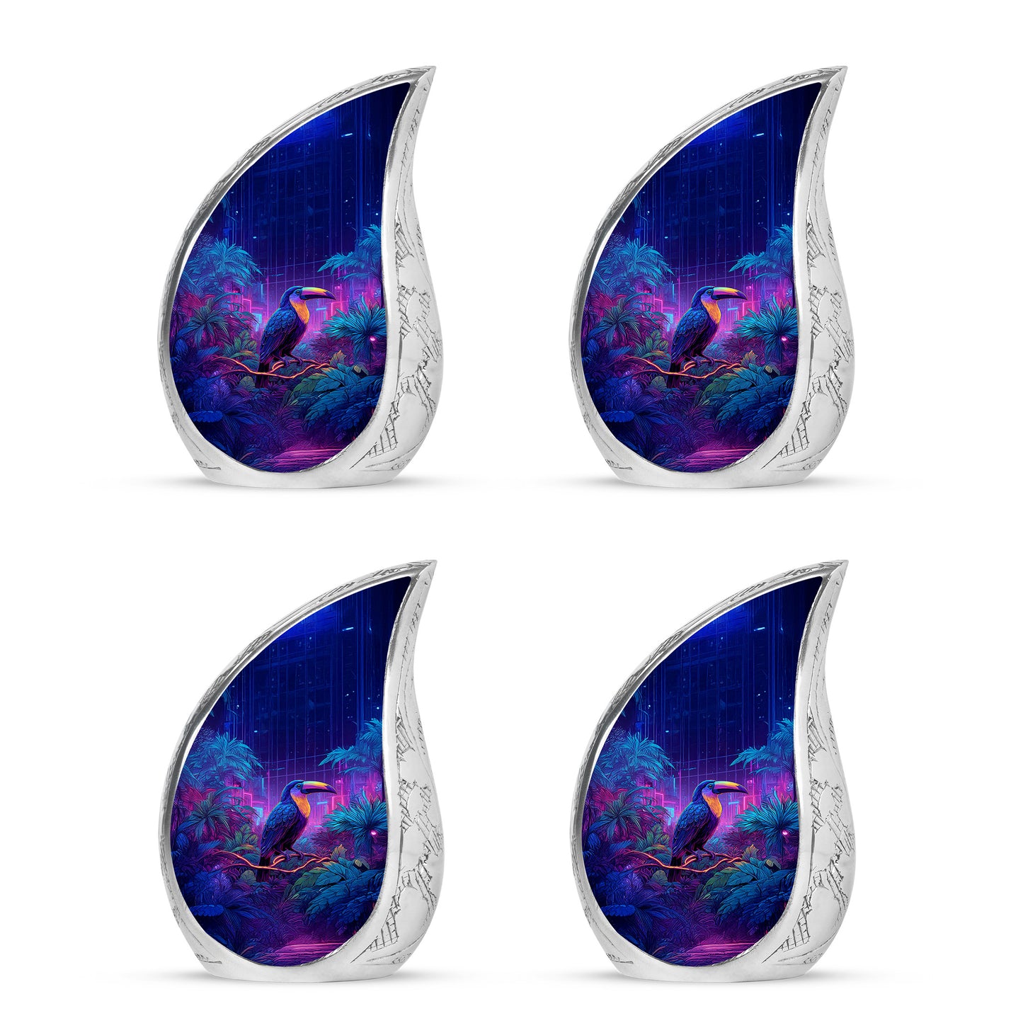 Misty Blue Hornbill Cremation Urn close-up of engraving and surface detail - flowing teardrop hornbill silhouette on curved aluminum - 10 inch aluminum urn for cremated remains