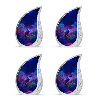 Misty Blue Hornbill Cremation Urn close-up of engraving and surface detail - flowing teardrop hornbill silhouette on curved aluminum - 10 inch aluminum urn for cremated remains