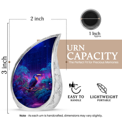 Cornflower Blue Hornbill Cremation Urn angled view of lid and engraved motif - smooth teardrop contour featuring hornbill art - mini keepsake memorial for portion of cremation ashes