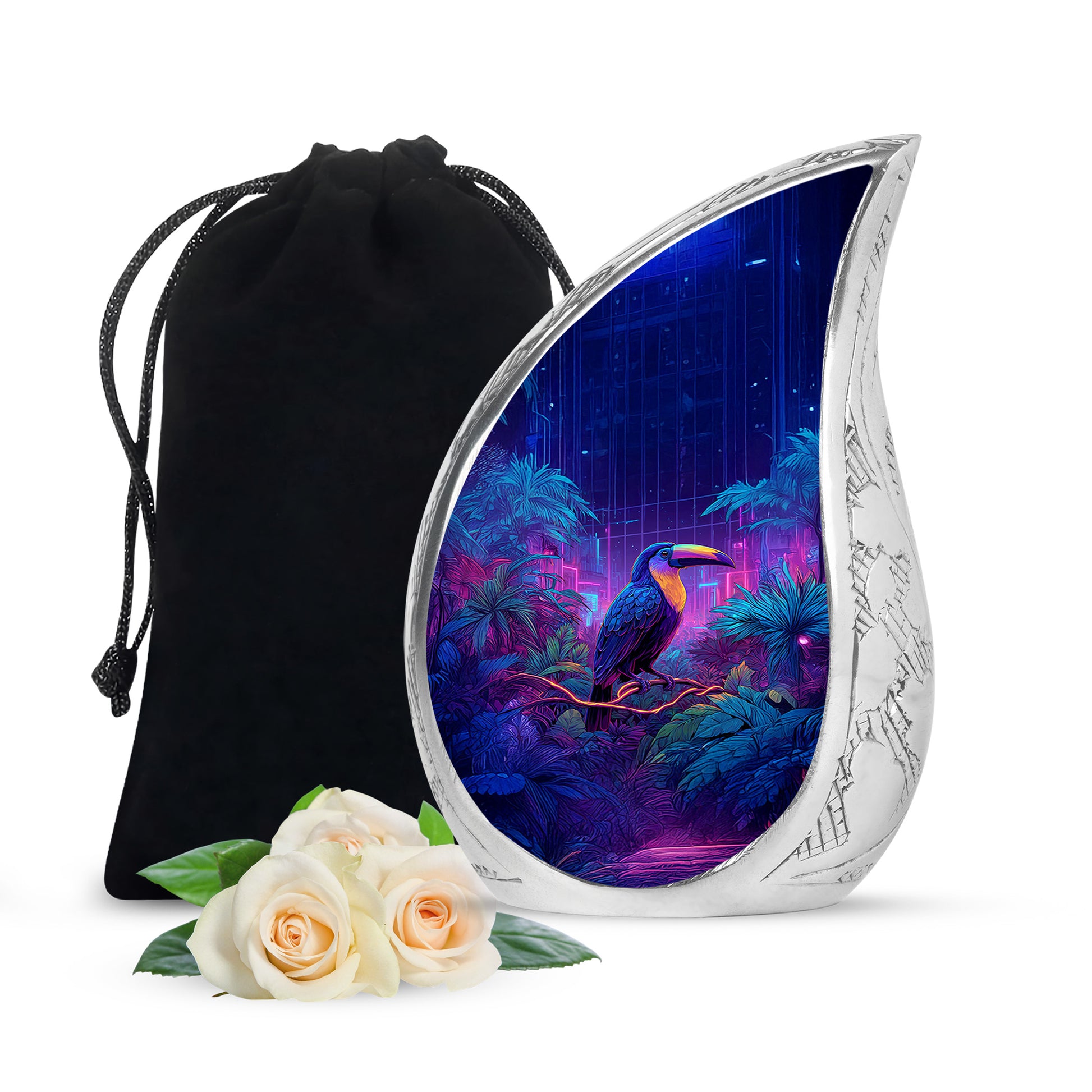 Sky Blue Hornbill Cremation Urn front view showing detailed design - flowing teardrop hornbill silhouette on curved aluminum - full-size 10 inch 200 cubic inch adult cremation urn