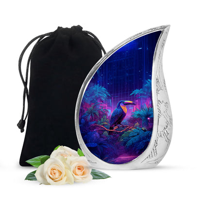 Sky Blue Hornbill Cremation Urn front view showing detailed design - flowing teardrop hornbill silhouette on curved aluminum - full-size 10 inch 200 cubic inch adult cremation urn