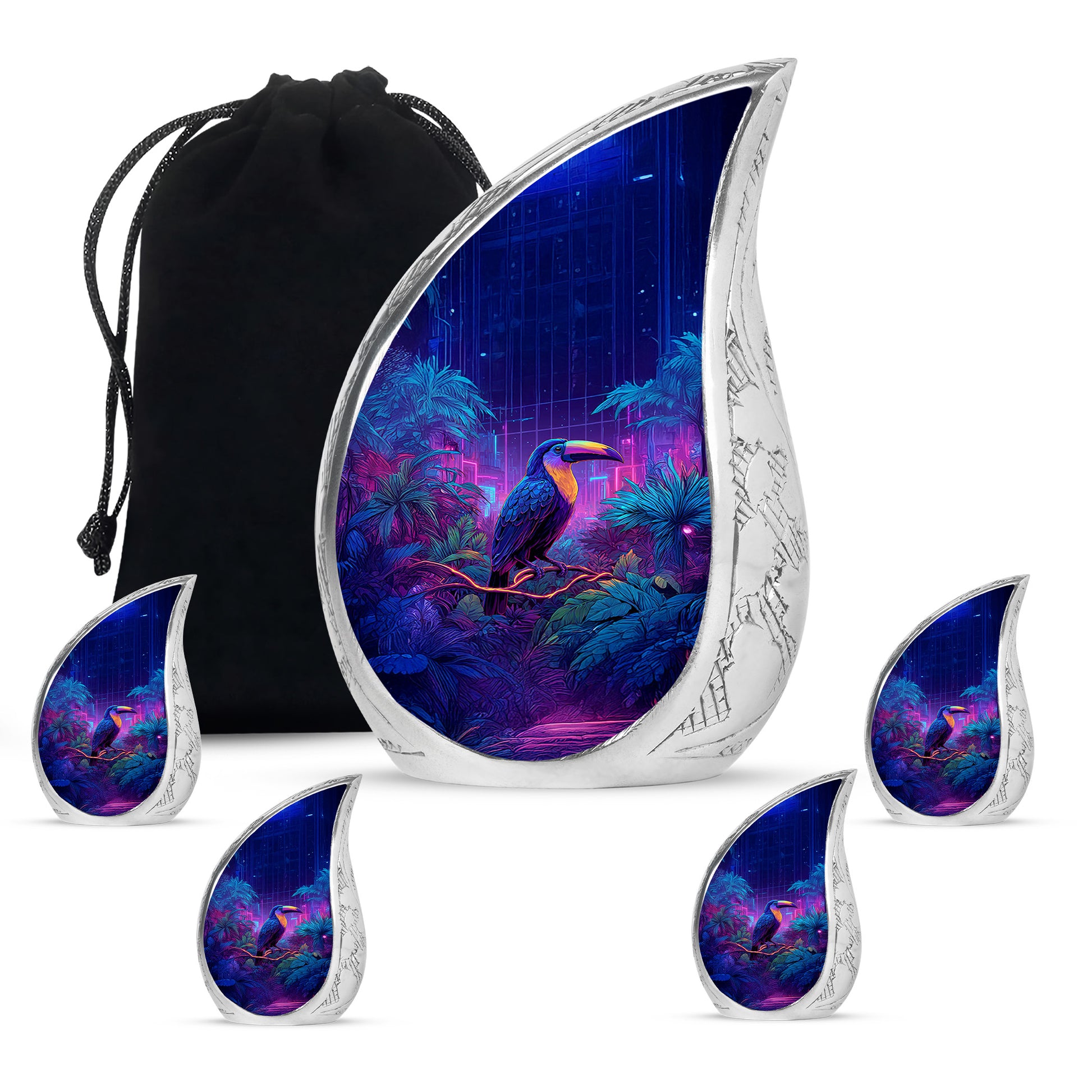 Bright Blue Hornbill Cremation Urn side profile showing urn shape - smooth teardrop contour featuring hornbill art - memorial set with one large and four small urns