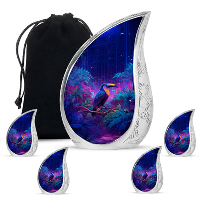 Bright Blue Hornbill Cremation Urn side profile showing urn shape - smooth teardrop contour featuring hornbill art - memorial set with one large and four small urns
