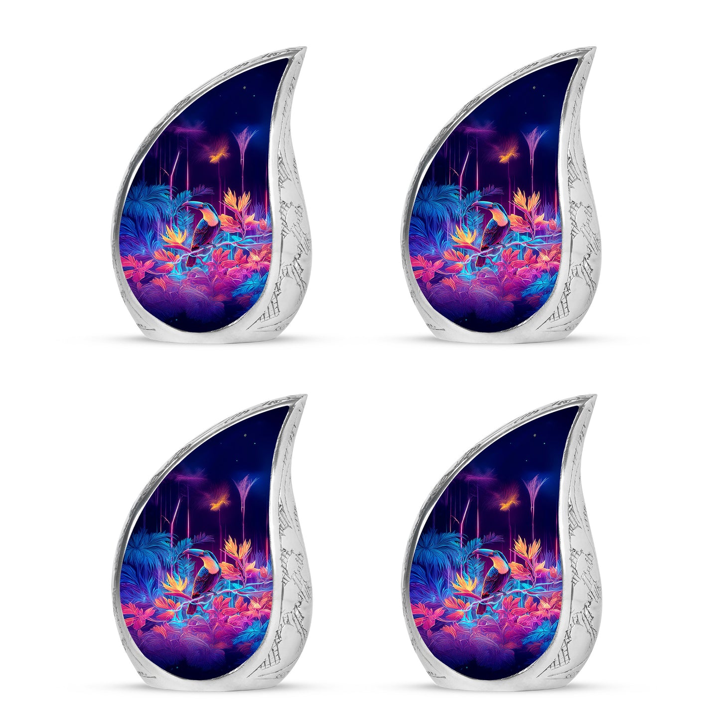 Majestic Purple Hornbill Cremation Urn close-up of engraving and surface detail - rounded teardrop hornbill design with delicate detail - 10 inch aluminum urn for cremated remains