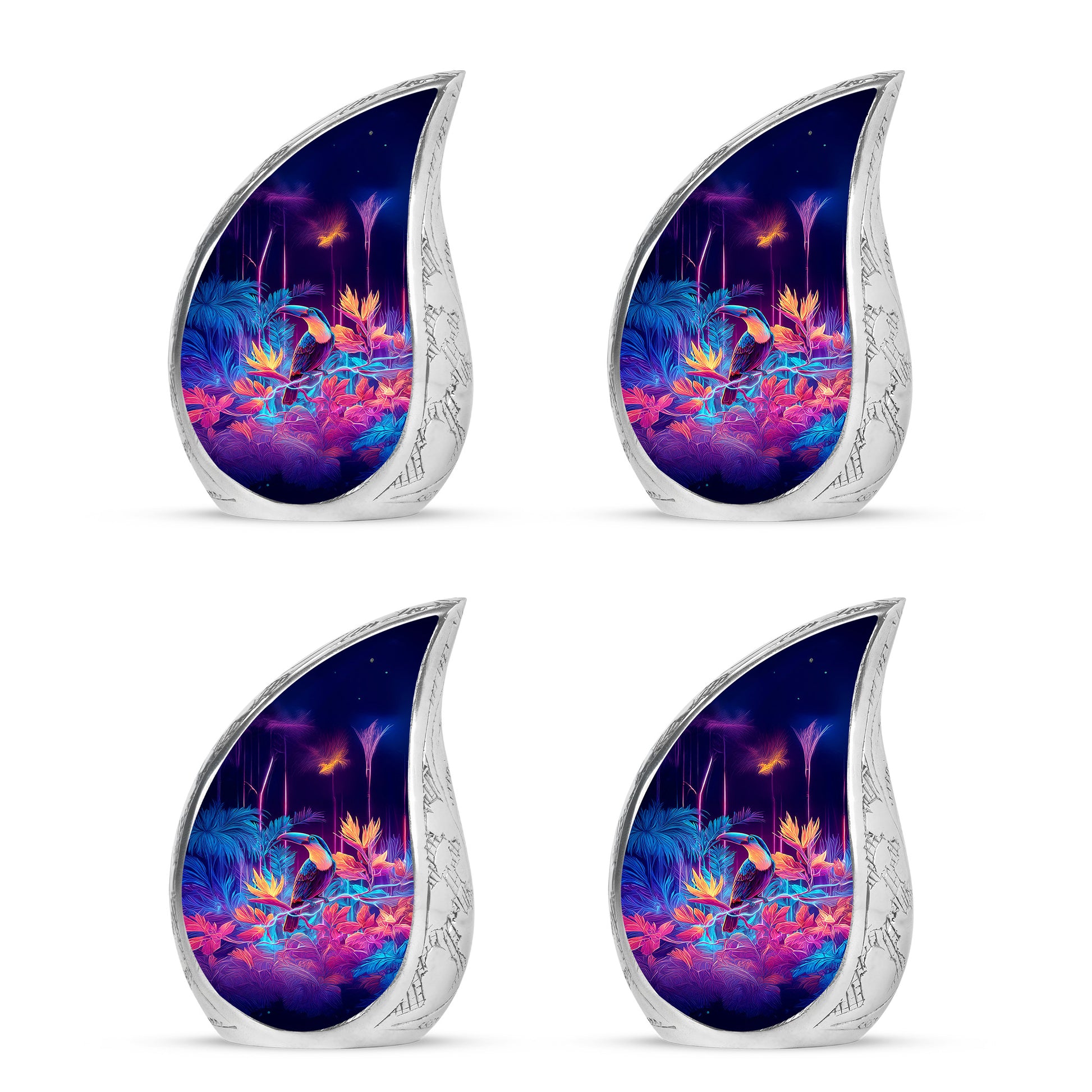Majestic Purple Hornbill Cremation Urn close-up of engraving and surface detail - rounded teardrop hornbill design with delicate detail - 10 inch aluminum urn for cremated remains