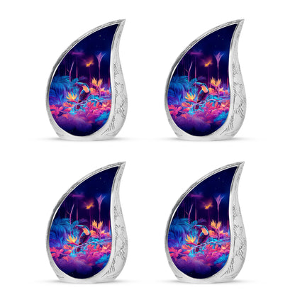 Majestic Purple Hornbill Cremation Urn close-up of engraving and surface detail - rounded teardrop hornbill design with delicate detail - 10 inch aluminum urn for cremated remains