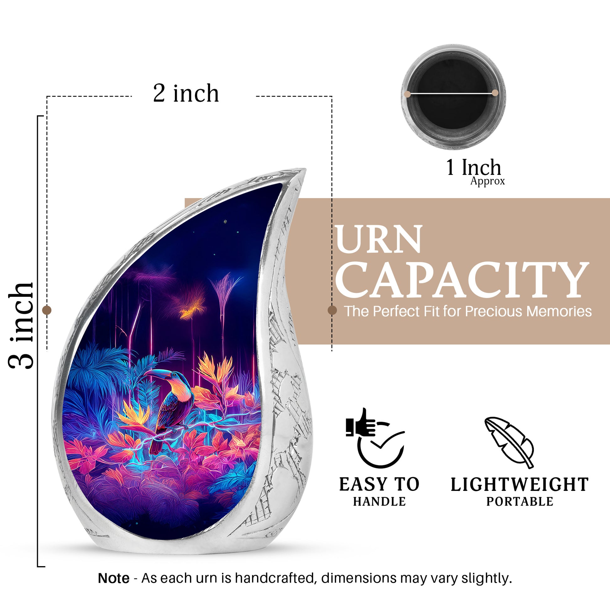 Orchid Purple Hornbill Cremation Urn angled view of lid and engraved motif - rounded teardrop hornbill design with delicate detail - mini keepsake memorial for portion of cremation ashes