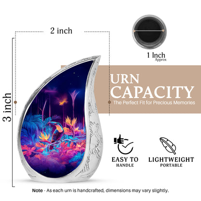 Orchid Purple Hornbill Cremation Urn angled view of lid and engraved motif - rounded teardrop hornbill design with delicate detail - mini keepsake memorial for portion of cremation ashes