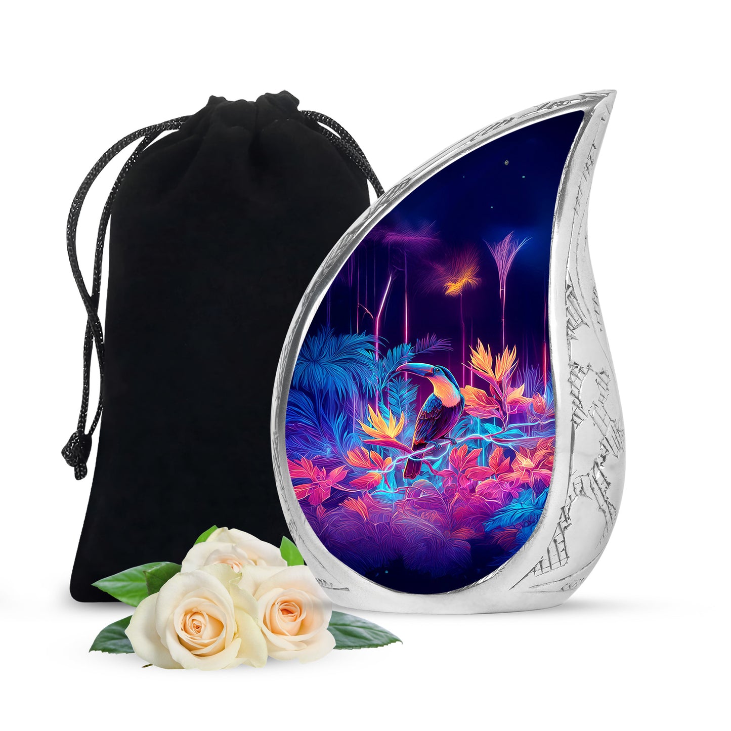 Orchid Purple Hornbill Cremation Urn front view showing detailed design - flowing teardrop hornbill silhouette on curved aluminum - full-size 10 inch 200 cubic inch adult cremation urn