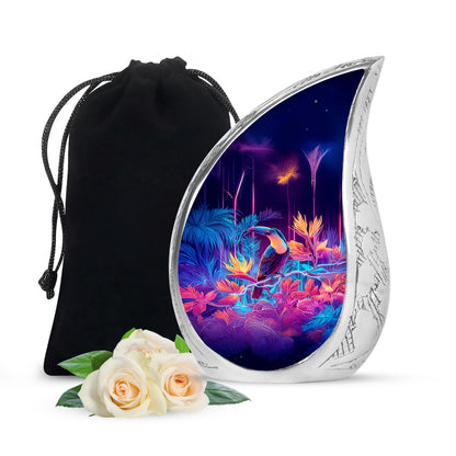 Orchid Purple Hornbill Cremation Urn front view showing detailed design - flowing teardrop hornbill silhouette on curved aluminum - full-size 10 inch 200 cubic inch adult cremation urn