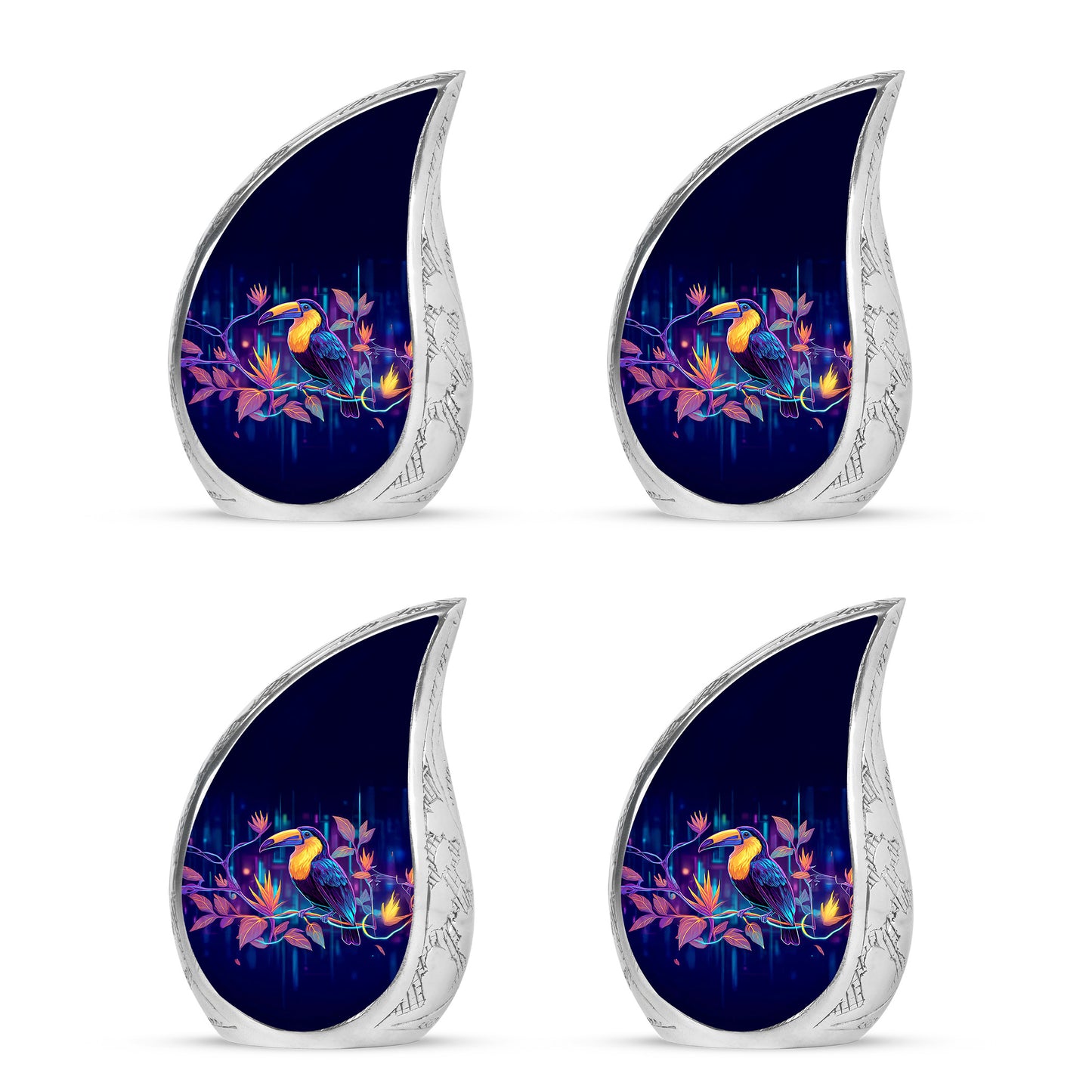 Serene Blue Hornbill Cremation Urn close-up of engraving and surface detail - graceful tear-shaped urn with hornbill motif - 10 inch aluminum urn for cremated remains