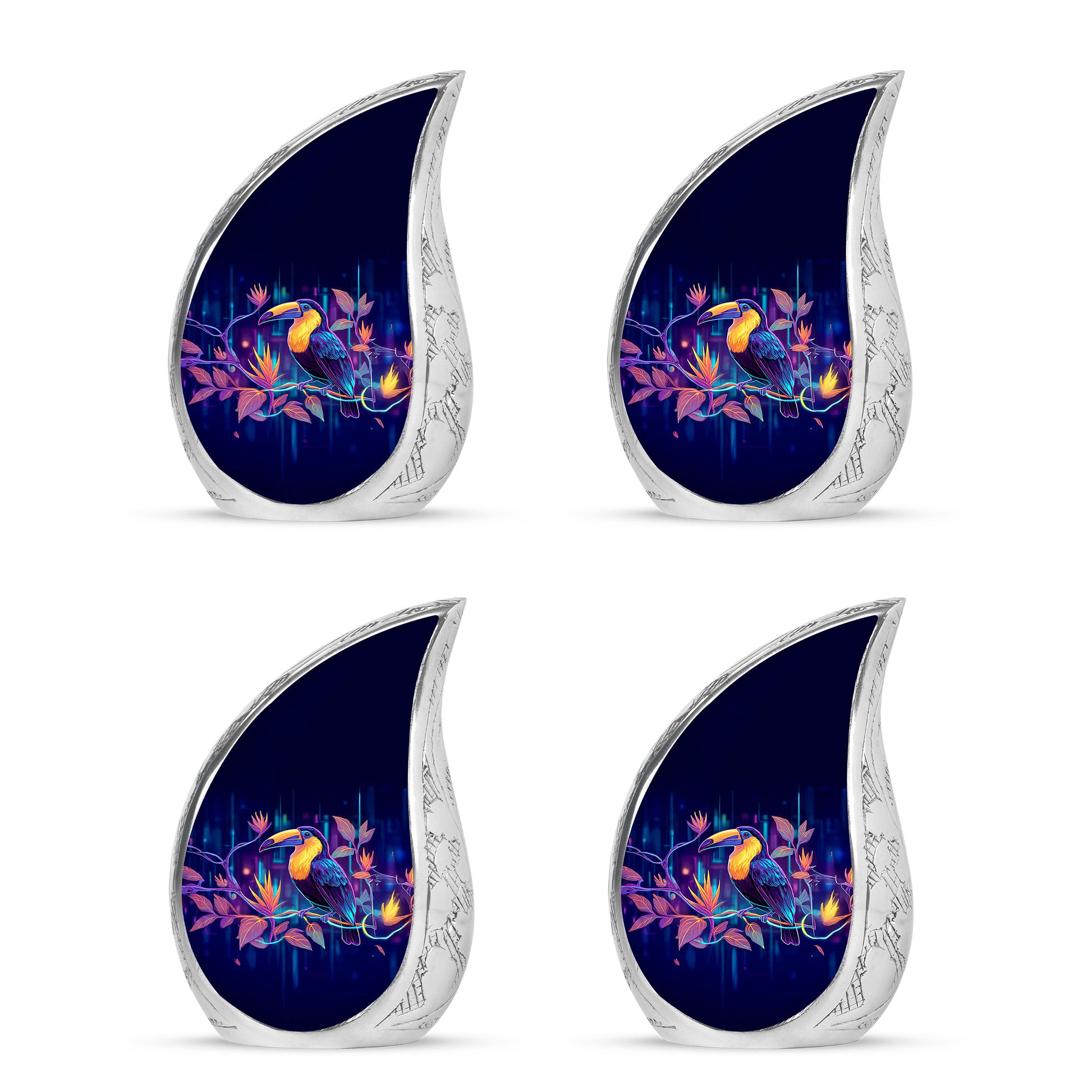 Serene Blue Hornbill Cremation Urn close-up of engraving and surface detail - graceful tear-shaped urn with hornbill motif - 10 inch aluminum urn for cremated remains