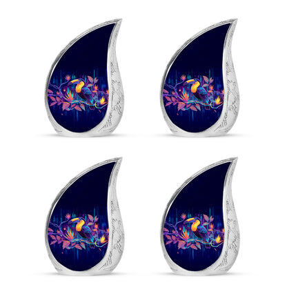Serene Blue Hornbill Cremation Urn close-up of engraving and surface detail - graceful tear-shaped urn with hornbill motif - 10 inch aluminum urn for cremated remains