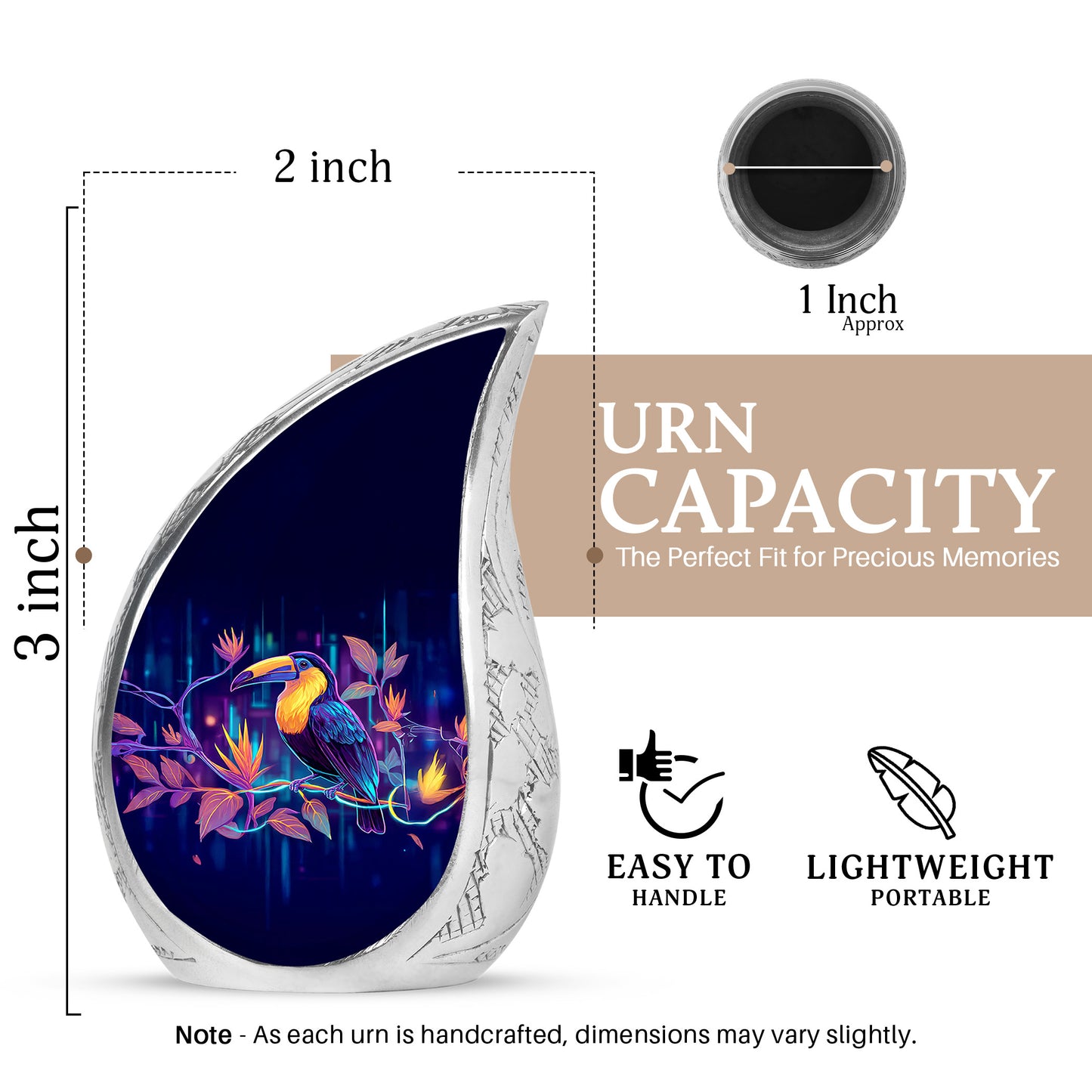 Indigo Hornbill Cremation Urn angled view of lid and engraved motif - flowing teardrop hornbill silhouette on curved aluminum - mini keepsake memorial for portion of cremation ashes
