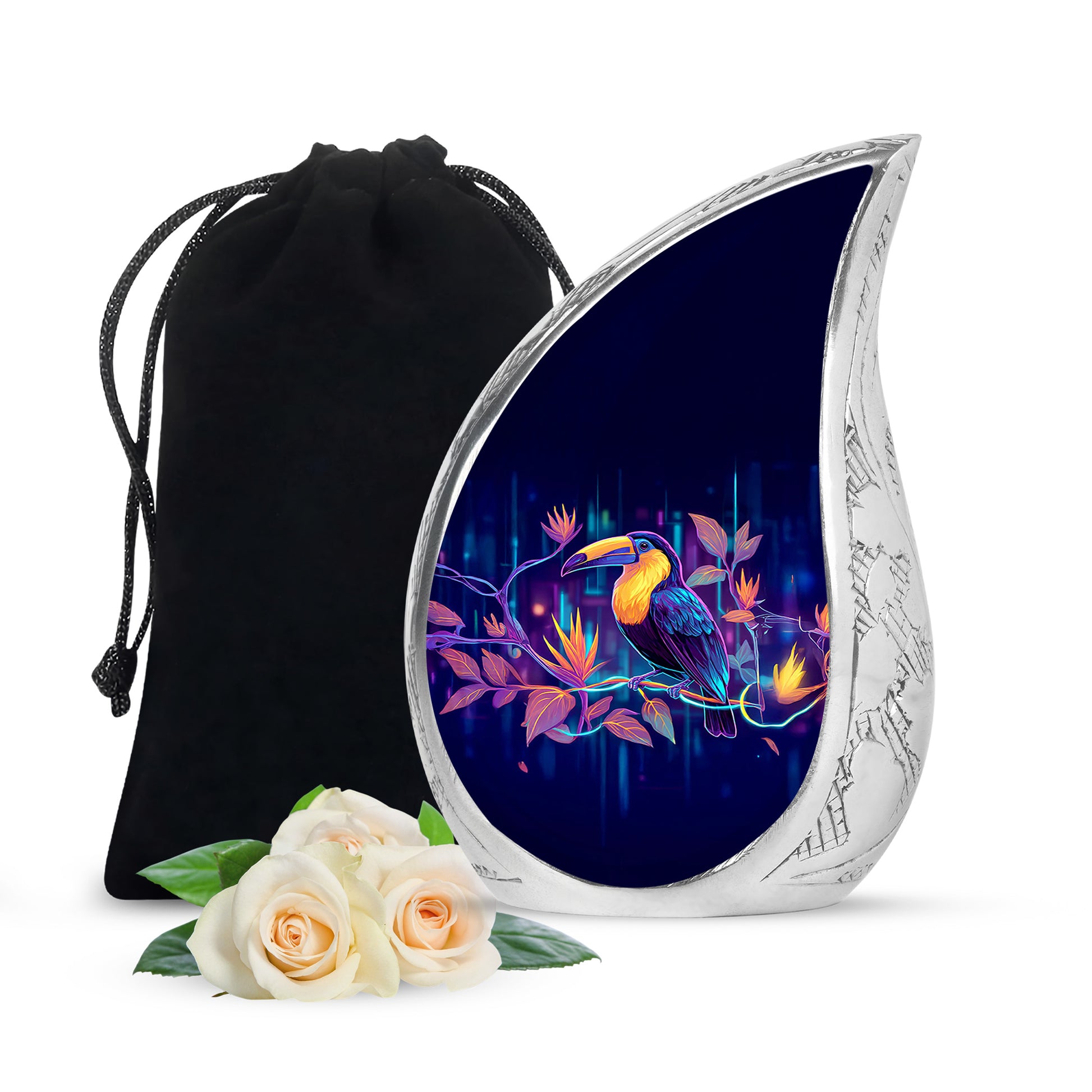 Royal Blue Hornbill Cremation Urn front view showing detailed design - smooth teardrop contour featuring hornbill art - full-size 10 inch 200 cubic inch adult cremation urn