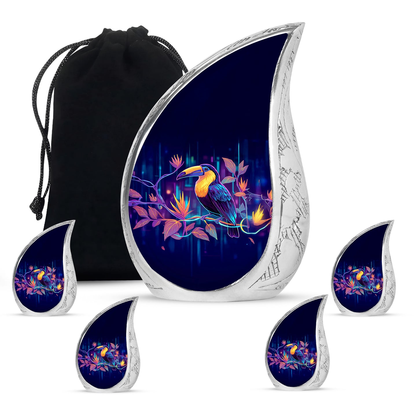 Soft Blue Hornbill Cremation Urn side profile showing urn shape - smooth teardrop contour featuring hornbill art - memorial set with one large and four small urns