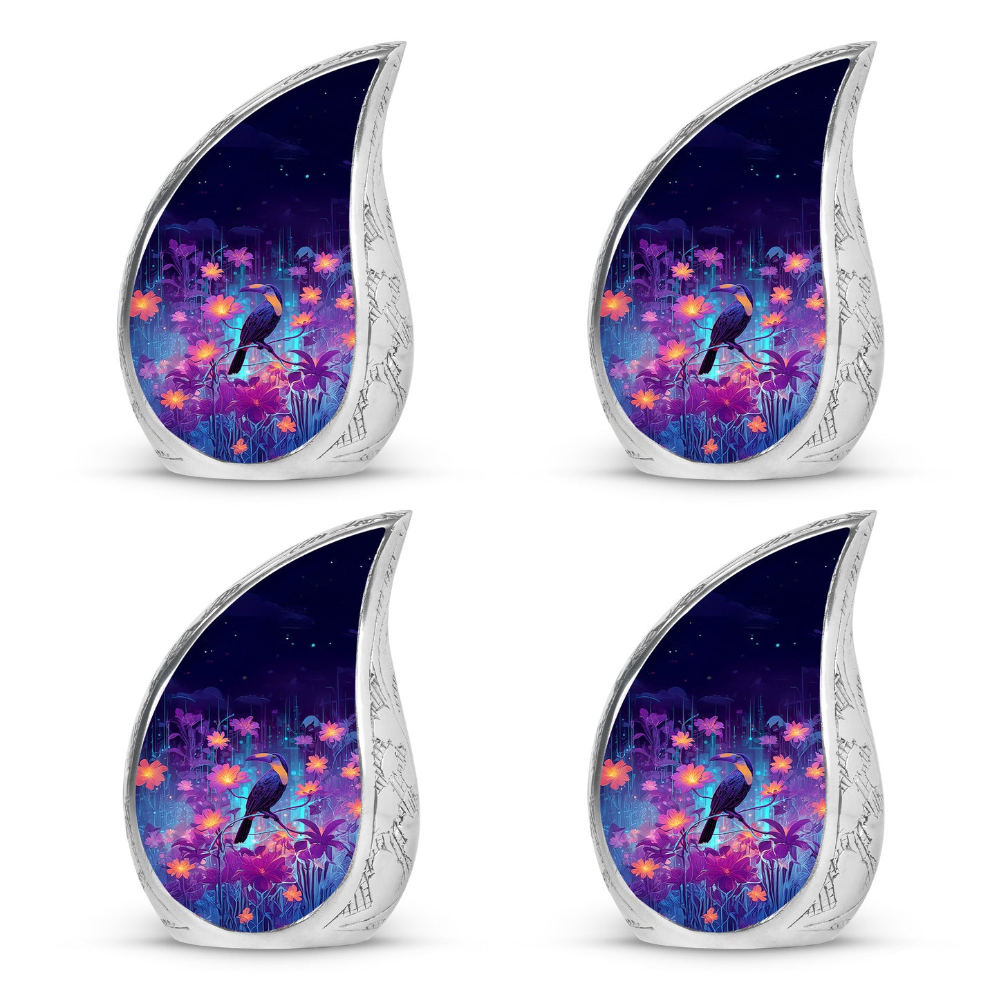 Vivid Blue Hornbill Cremation Urn close-up of engraving and surface detail - smooth teardrop contour featuring hornbill art - 10 inch aluminum urn for cremated remains