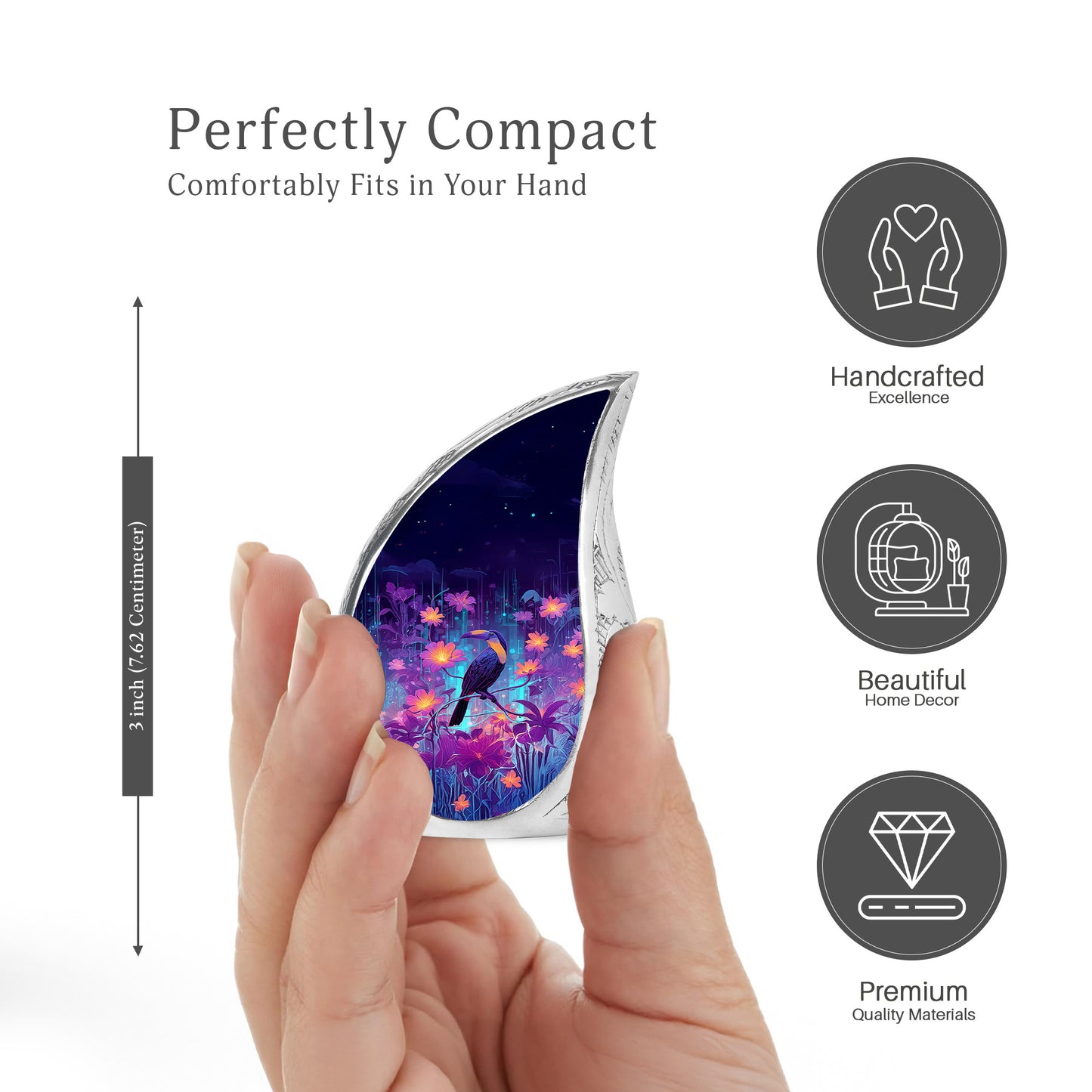 Cornflower Blue Hornbill Cremation Urn angled view of lid and engraved motif - smooth teardrop contour featuring hornbill art - mini keepsake memorial for portion of cremation ashes