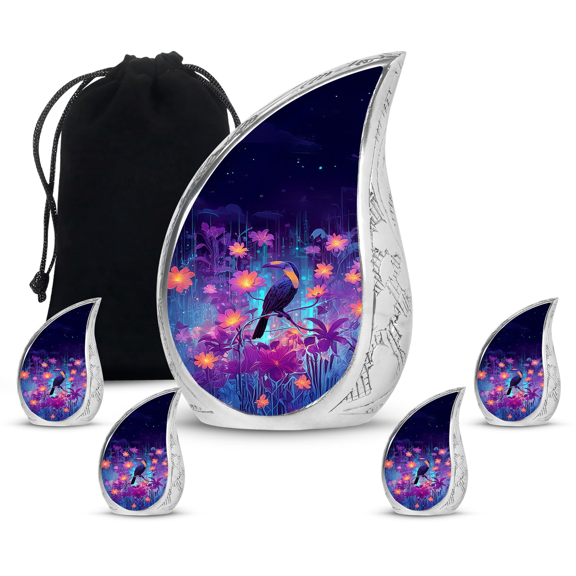 Celestial Blue Hornbill Cremation Urn side profile showing urn shape - flowing teardrop hornbill silhouette on curved aluminum - memorial set with one large and four small urns