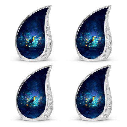 Serene Blue Hornbill Cremation Urn close-up of engraving and surface detail - graceful tear-shaped urn with hornbill motif - 10 inch aluminum urn for cremated remains