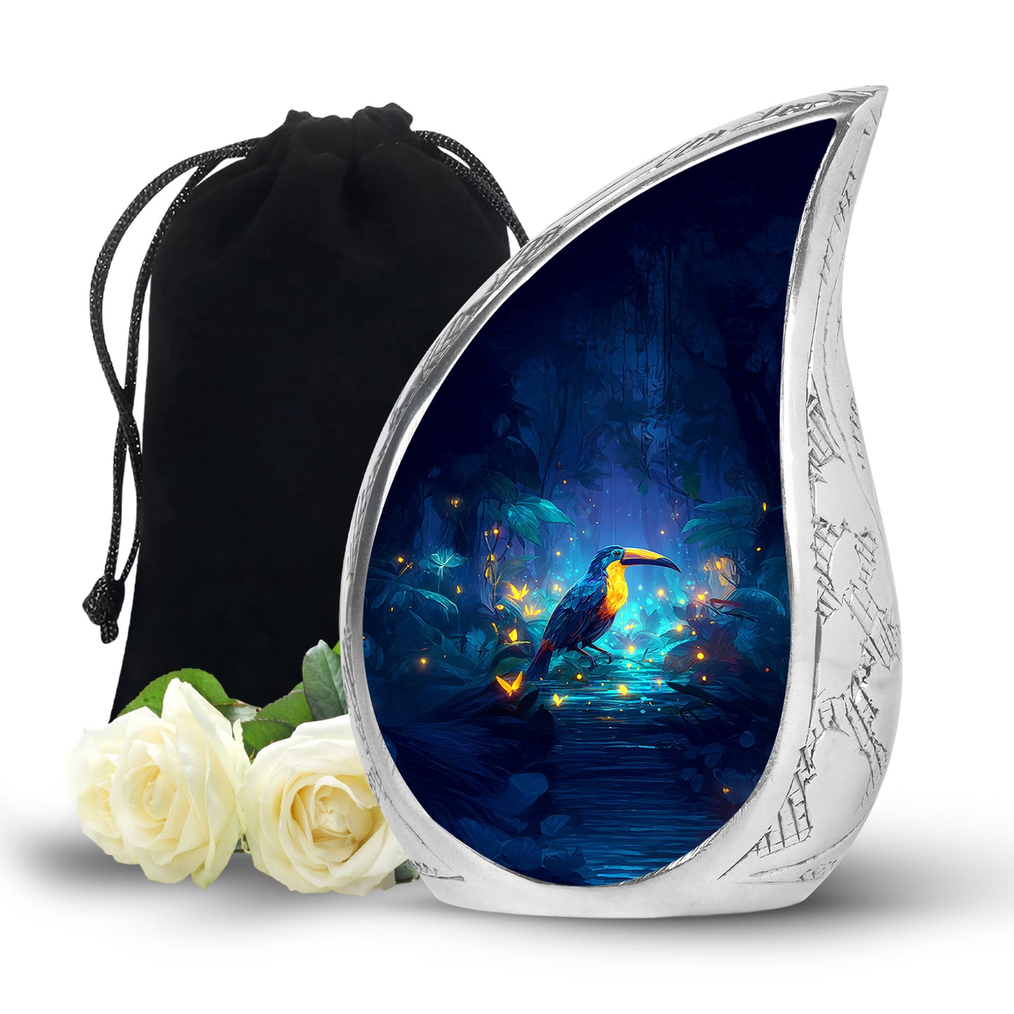 Calming Blue Hornbill Cremation Urn front view showing detailed design - graceful tear-shaped urn with hornbill motif - full-size 10 inch 200 cubic inch adult cremation urn