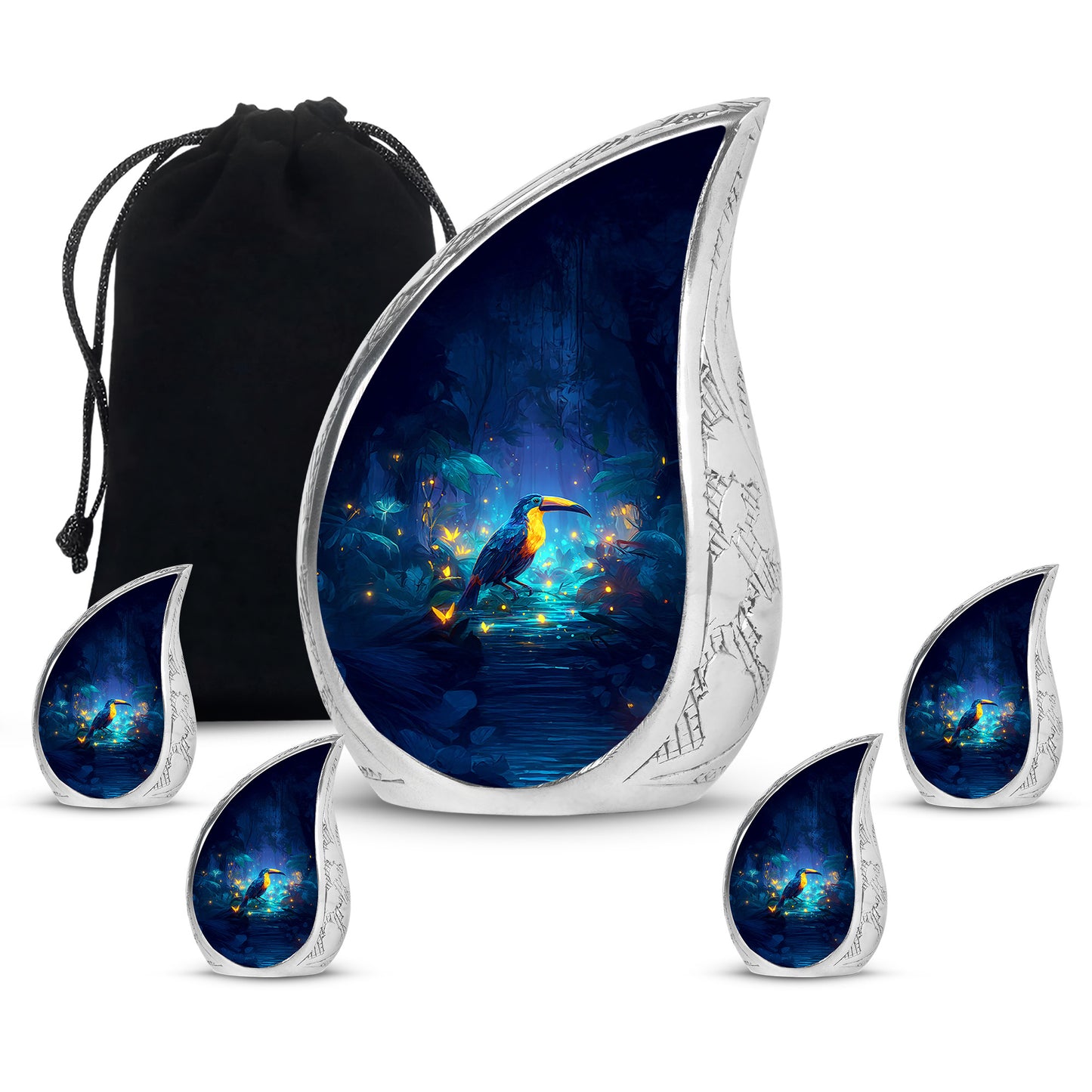 Royal Blue Hornbill Cremation Urn side profile showing urn shape - smooth teardrop contour featuring hornbill art - memorial set with one large and four small urns