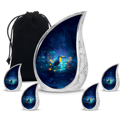 Royal Blue Hornbill Cremation Urn side profile showing urn shape - smooth teardrop contour featuring hornbill art - memorial set with one large and four small urns