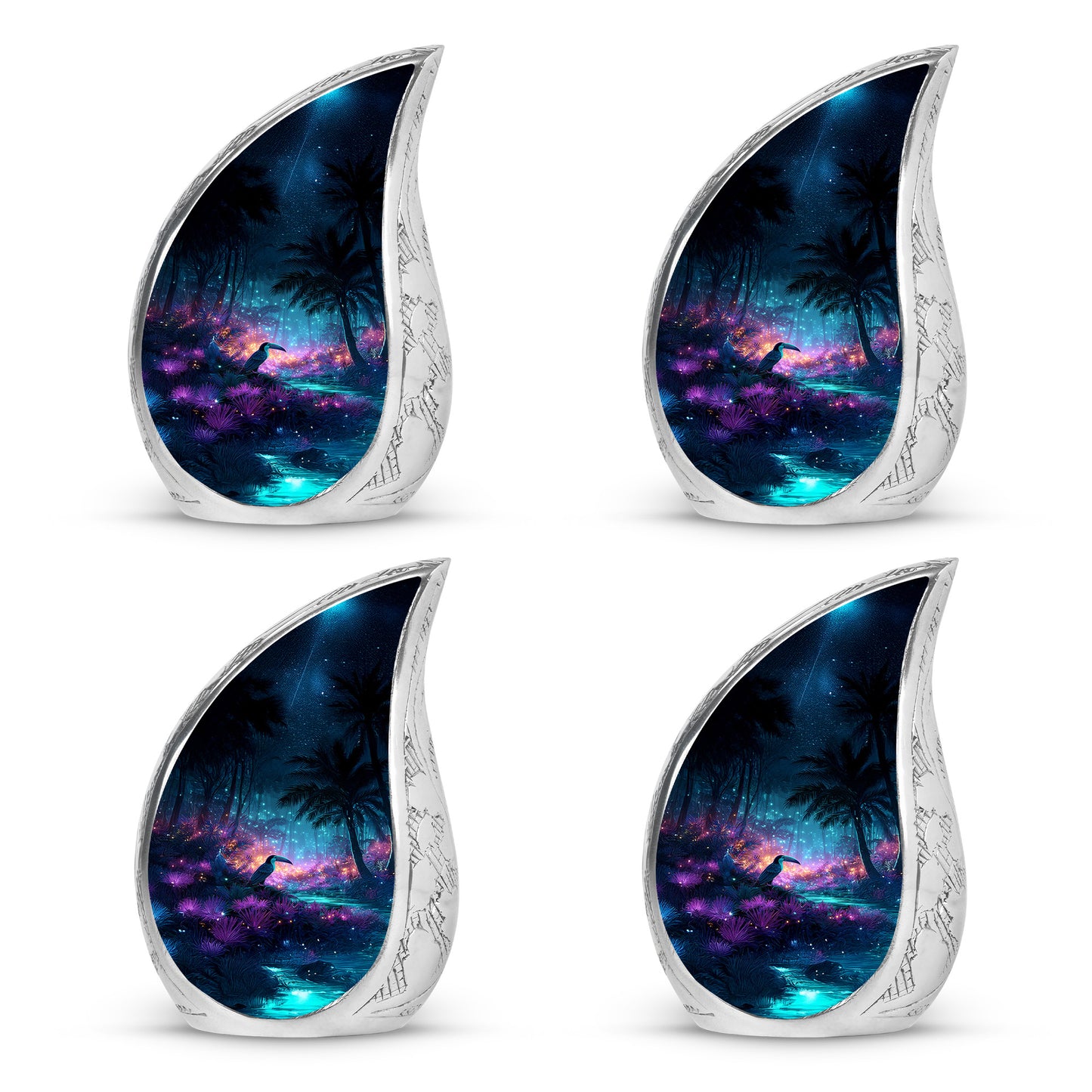 Slate Blue Hornbill Cremation Urn close-up of engraving and surface detail - rounded teardrop hornbill design with delicate detail - 10 inch aluminum urn for cremated remains