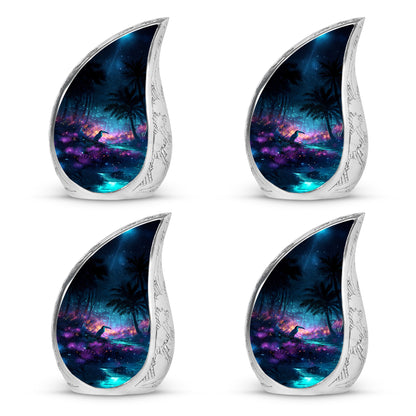 Slate Blue Hornbill Cremation Urn close-up of engraving and surface detail - rounded teardrop hornbill design with delicate detail - 10 inch aluminum urn for cremated remains
