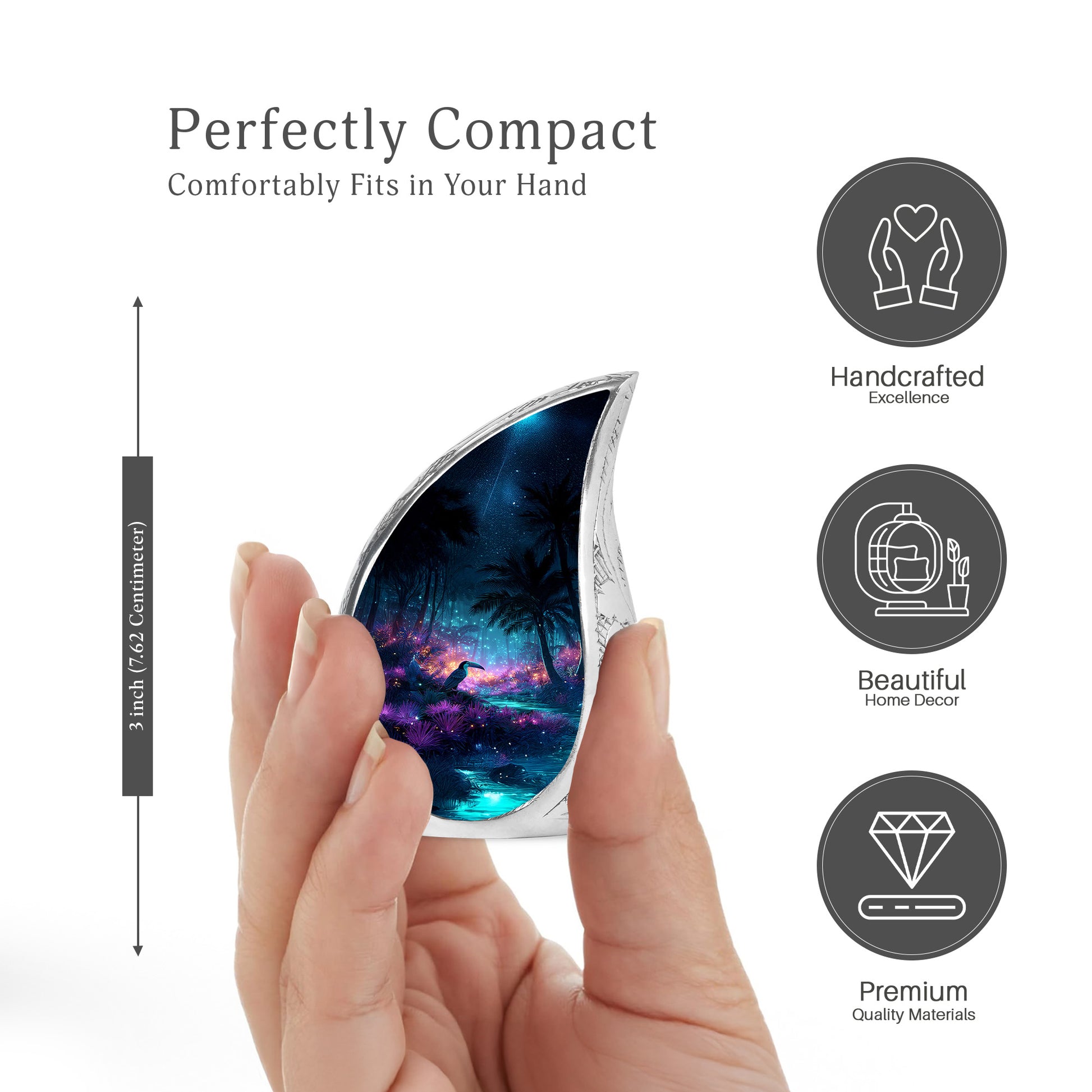 Indigo Hornbill Cremation Urn angled view of lid and engraved motif - flowing teardrop hornbill silhouette on curved aluminum - mini keepsake memorial for portion of cremation ashes
