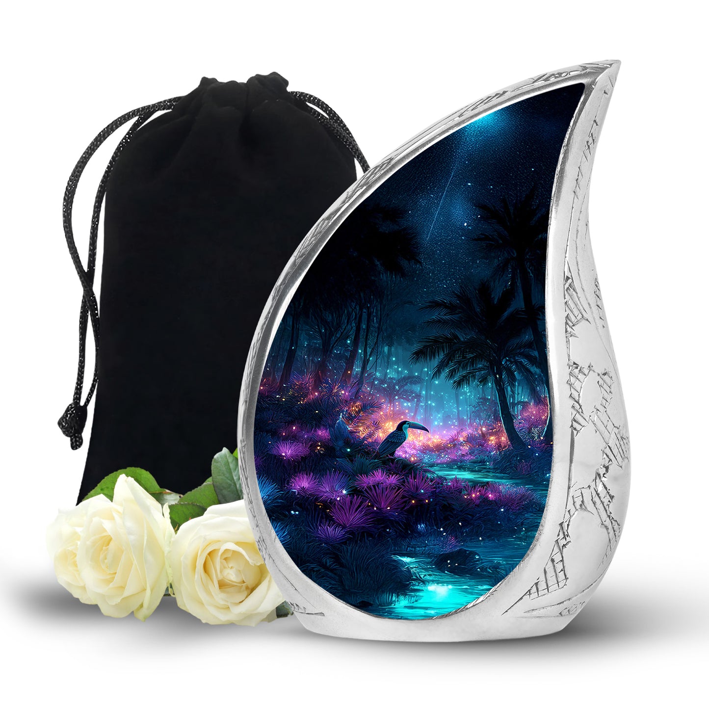 Powder Blue Hornbill Cremation Urn front view showing detailed design - flowing teardrop hornbill silhouette on curved aluminum - full-size 10 inch 200 cubic inch adult cremation urn