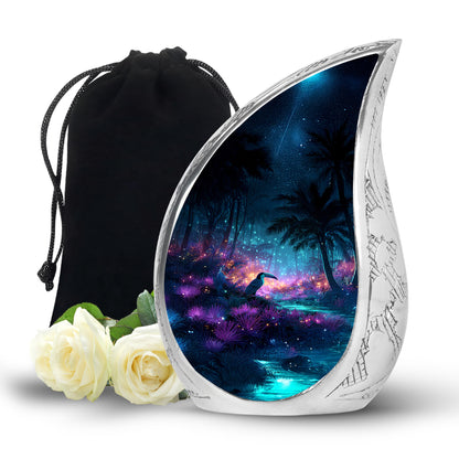 Powder Blue Hornbill Cremation Urn front view showing detailed design - flowing teardrop hornbill silhouette on curved aluminum - full-size 10 inch 200 cubic inch adult cremation urn