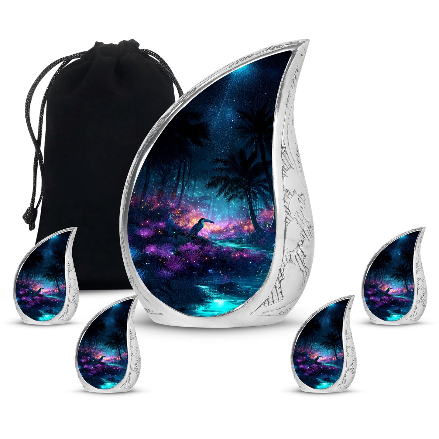 Pastel Blue Hornbill Cremation Urn side profile showing urn shape - flowing teardrop hornbill silhouette on curved aluminum - memorial set with one large and four small urns