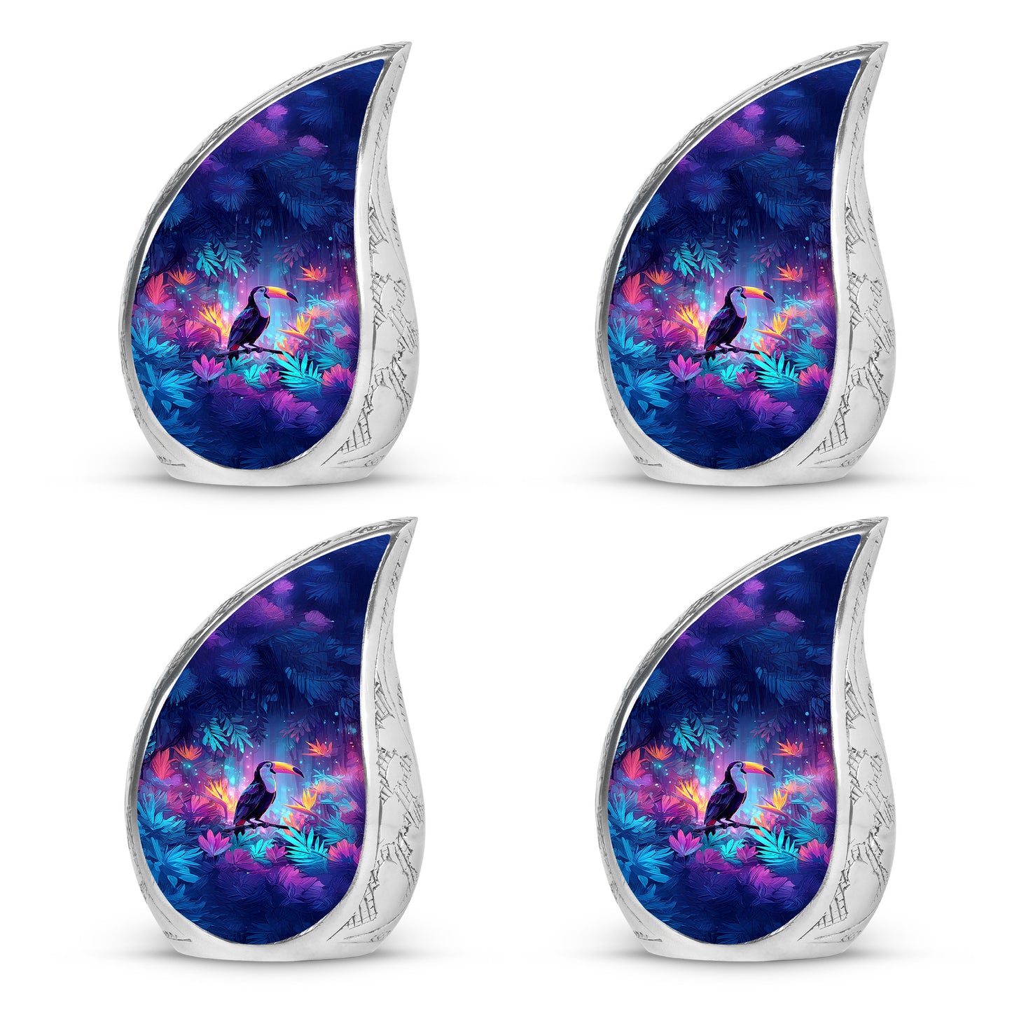 Steel Blue Hornbill Cremation Urn close-up of engraving and surface detail - graceful tear-shaped urn with hornbill motif - 10 inch aluminum urn for cremated remains