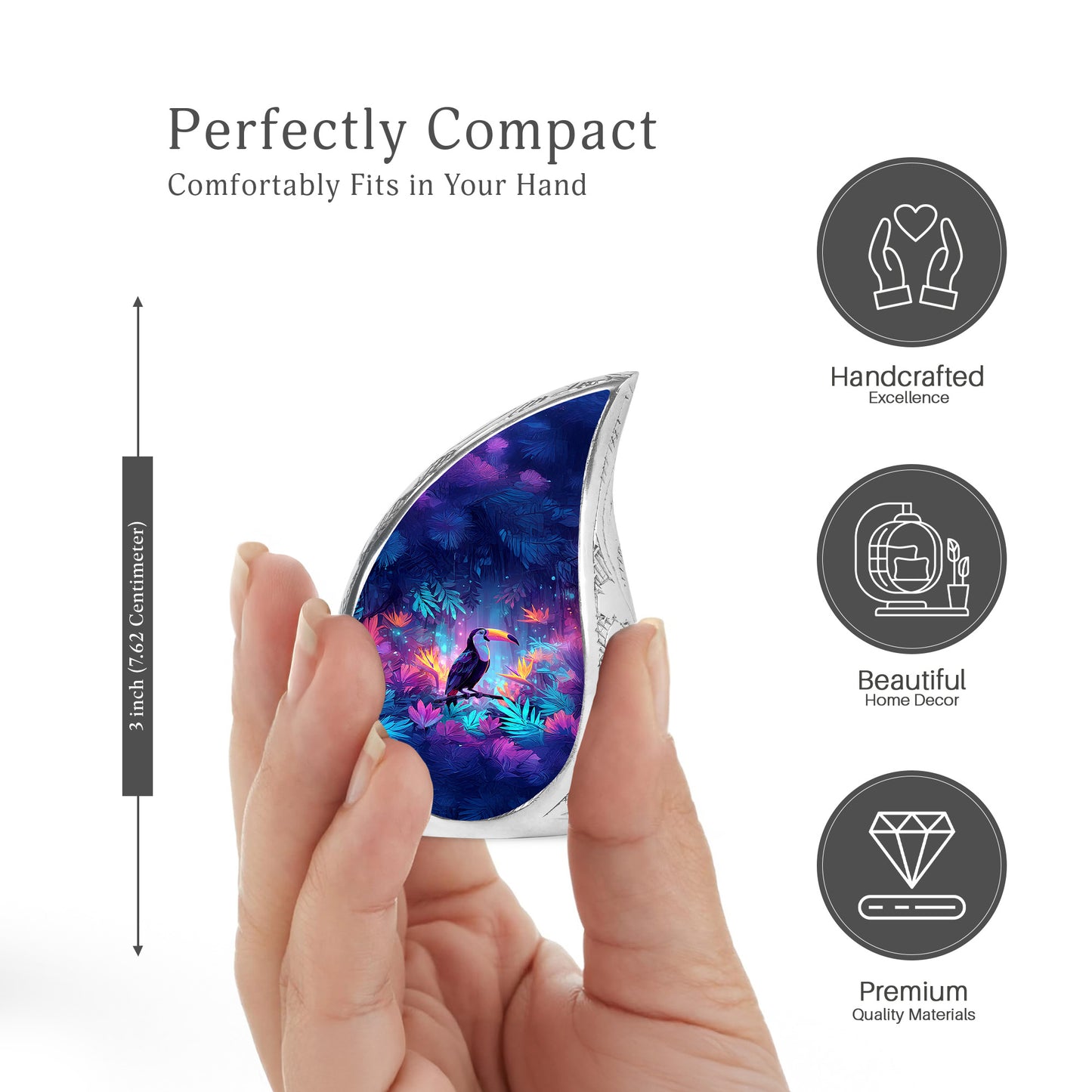 Soft Blue Hornbill Cremation Urn angled view of lid and engraved motif - graceful tear-shaped urn with hornbill motif - mini keepsake memorial for portion of cremation ashes