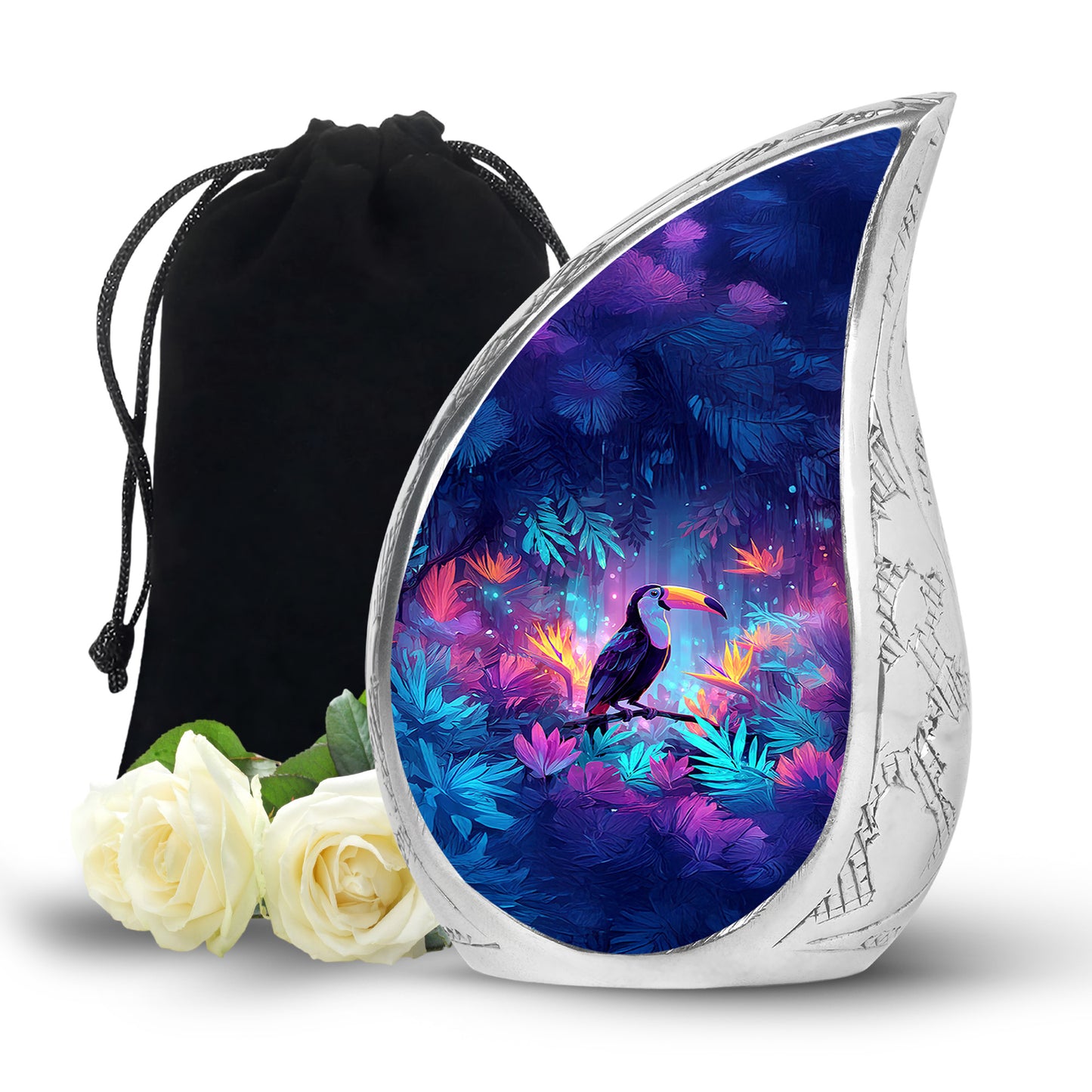 Navy Blue Hornbill Cremation Urn front view showing detailed design - rounded teardrop hornbill design with delicate detail - full-size 10 inch 200 cubic inch adult cremation urn